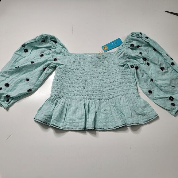 $245 TANYA TAYLOR smocked peasant puff green dot long sleeve top MEDIUM M NWT - Picture 8 of 13
